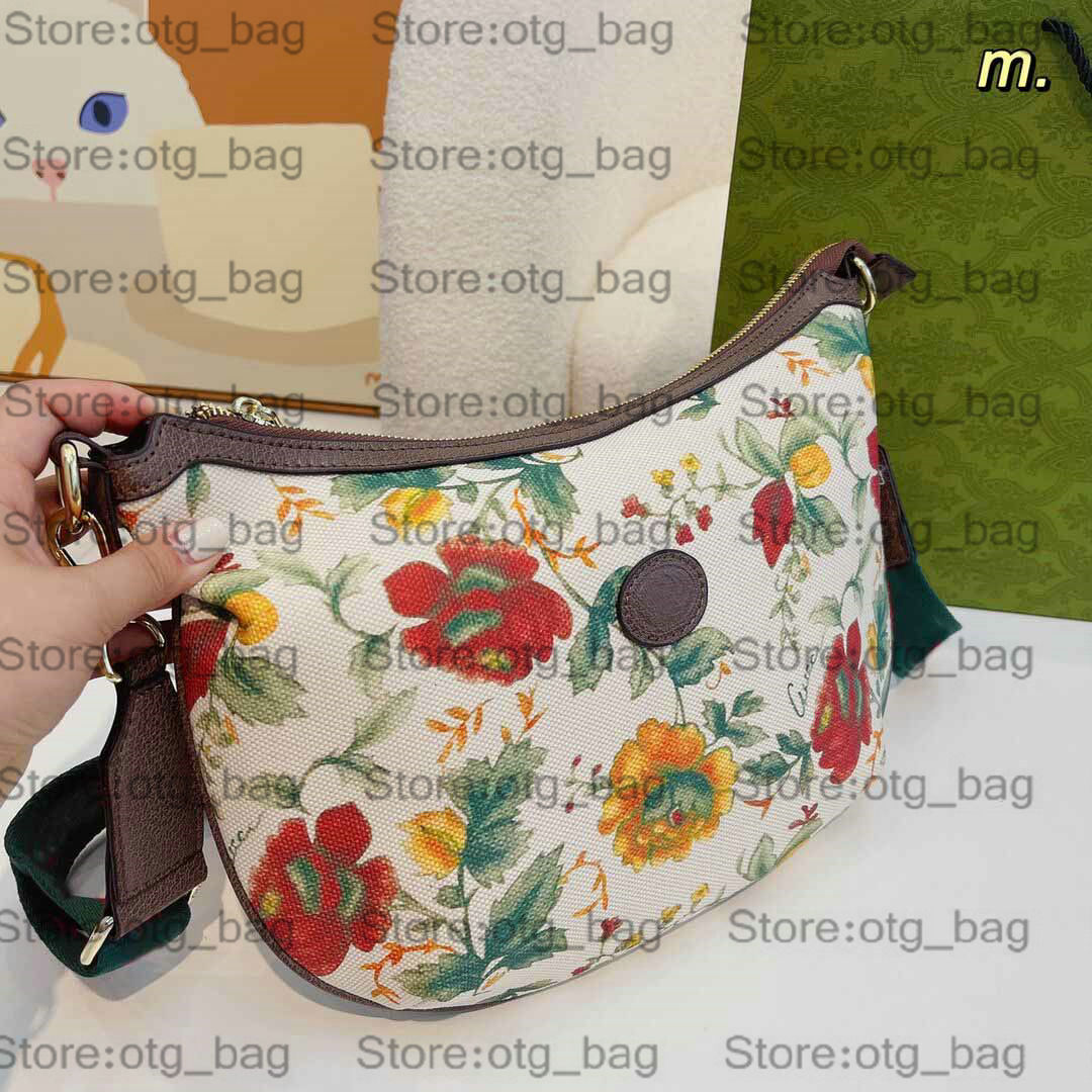 Ophidia Çiçek Yarım Ay Çantası: Kırmızı Yeşil Dokumalı Klasik Canvas Crossbody - Lüks Kadın Çantası