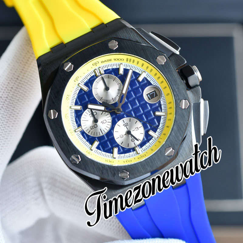 44 mm 26400SO Reloj cronógrafo de cuarzo para hombre 26400 Esfera texturizada azul blanca Caja de acero Interior amarillo Correa de caucho azul/amarilla Cronómetro Relojes nuevos Reloj de zona horaria