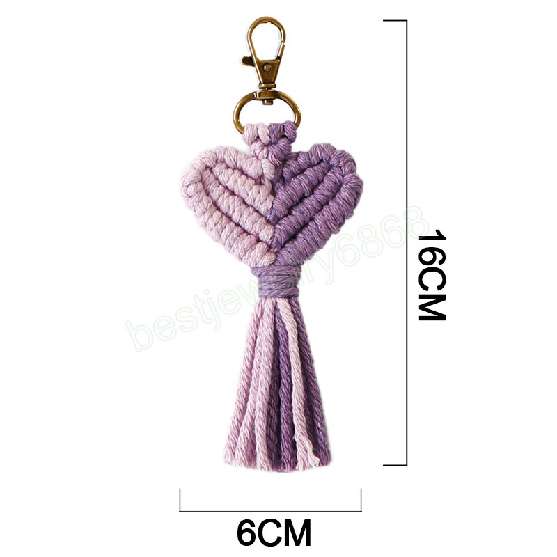 شرح المصنوع يدويًا Macrame keychains Boho Handmade Key Holder Bag Car Hanging Jewelry Gifts Cotton Rope Woved Heart Keychain