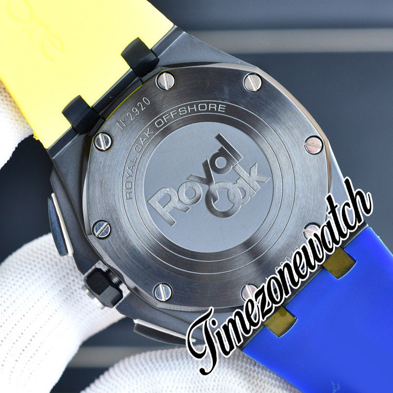 44 mm 26400SO Reloj cronógrafo de cuarzo para hombre 26400 Esfera texturizada azul blanca Caja de acero Interior amarillo Correa de caucho azul/amarilla Cronómetro Relojes nuevos Reloj de zona horaria