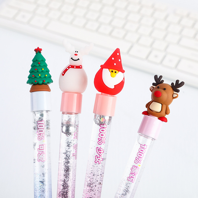 Christmas Cartoon Ballpoint Pen Quicksand Glitter ser ut med 4 julelement Santa Claus Elk Snowman and Christmas Tree
