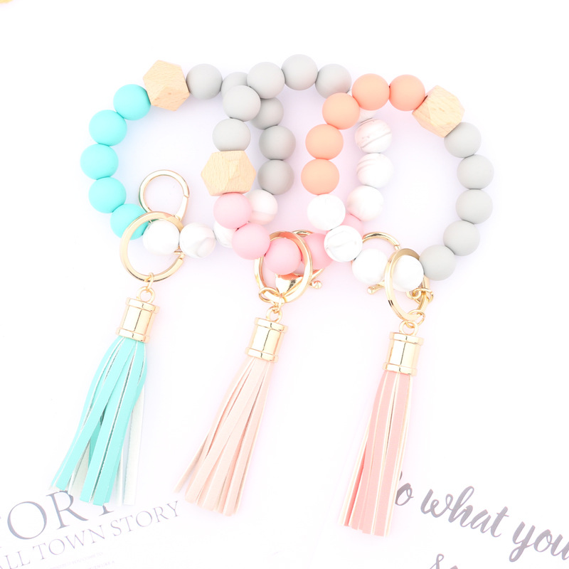 Silicone Keychain For Keys Tassel Wood Beads Bracelet Keyring Women Multicolor Bead Keychains FashionKeychain WLL1739