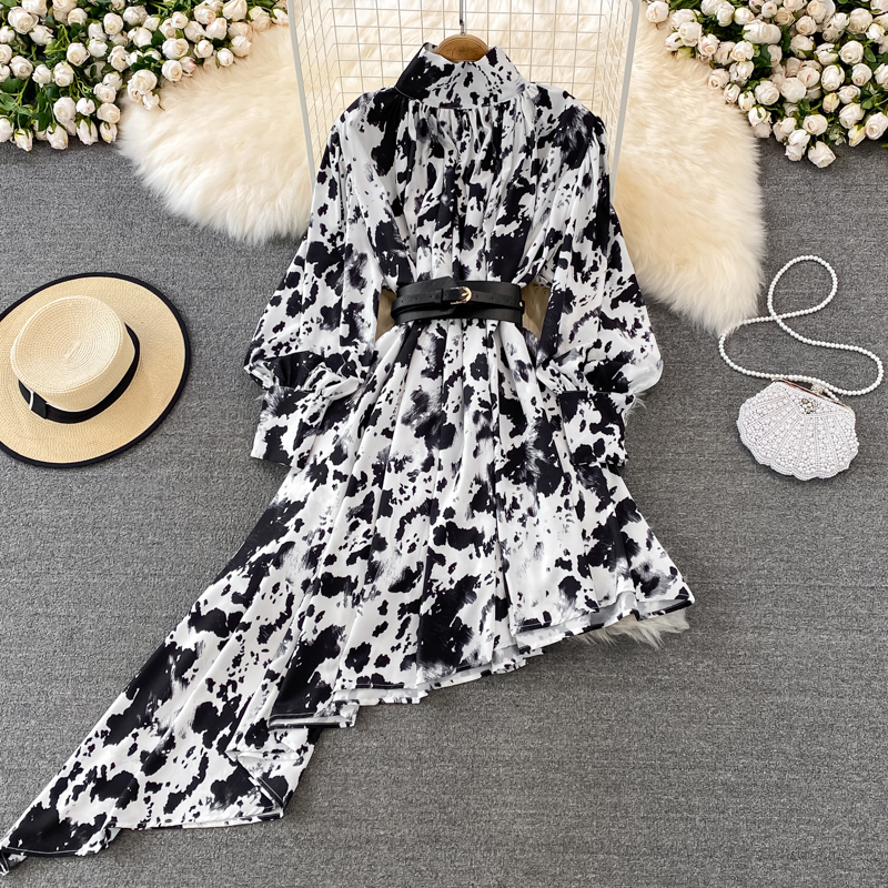 korean fashion women spring summer dress long sleeve printed Irregular elegant beach dresses pleated robe femme casual dress 2023