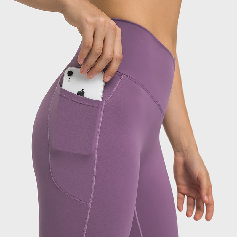 Damen-Yogahose mit gekreuzter Taille, Sport-Leggings-Outfit, doppelseitige Einstecktaschen ohne T-Linie, hochelastische, verkürzte Hüfthose, neu in Europa und Amerika, VELAFEEL