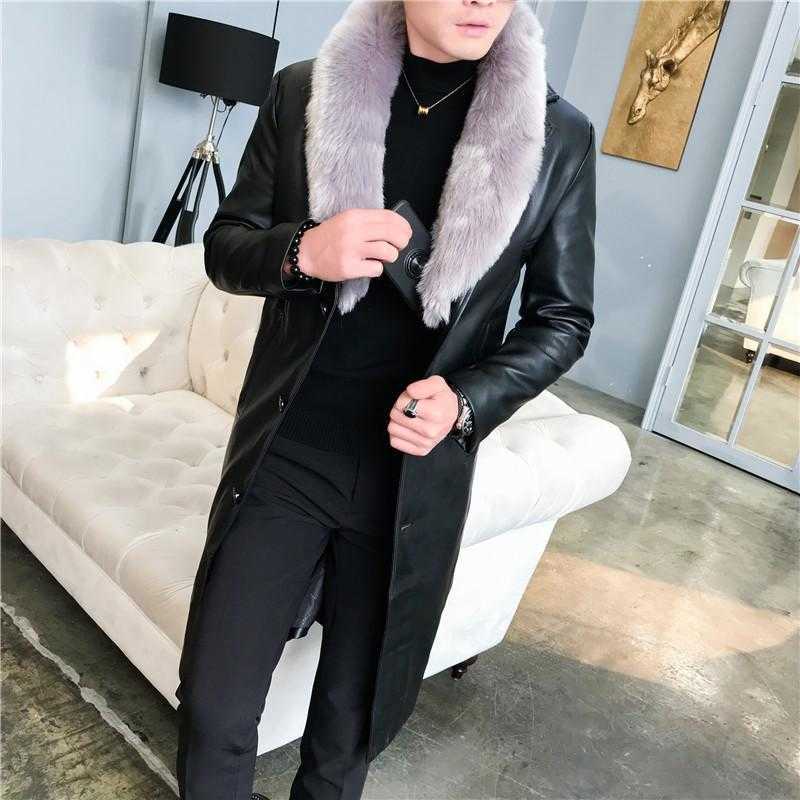 Trenchs pour hommes Manteaux de luxe Big Col de fourrure Long Cuir pour hommes Blanc Épais Velours Manteaux d'hiver Jakets Élégant Noir1