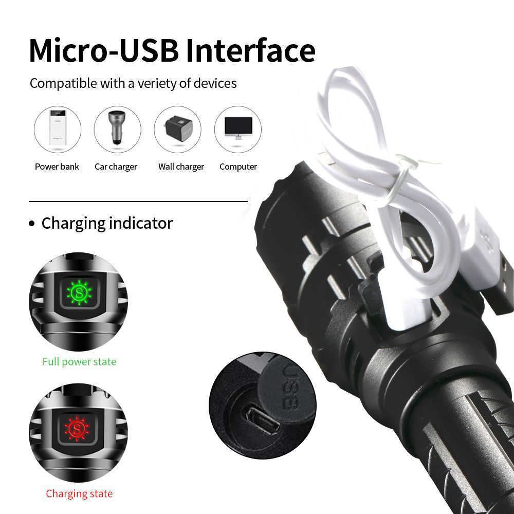 As lanternas tochas tochas táticas de lanterna tática Ultra-Bright 1600 Lumens Lumens USB Tocha recarregável Luz de arma de armas de caça ao ar livre com acessório de montagem ferroviária L221014