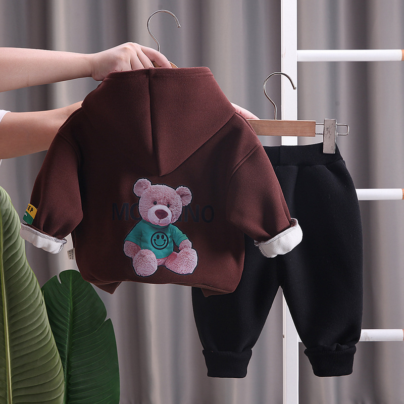 Autumn Winter Boys Girls Clothing Set Children Plus Velvet Suits Casual Warm Thicken Cartoon Bear Outfits Tracksuit