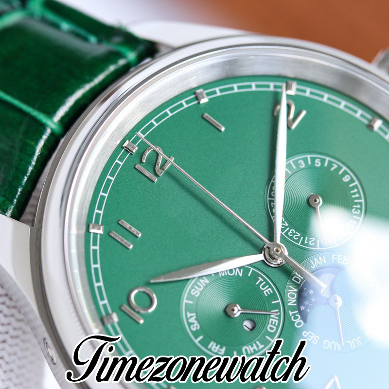 TWF Perpetual kalender IW344207 A52650 Automatische herenwork 42,4 mm Groene wijzerplaat Maanfase stalen kast groene lederen band horloges TimeZoneWatch