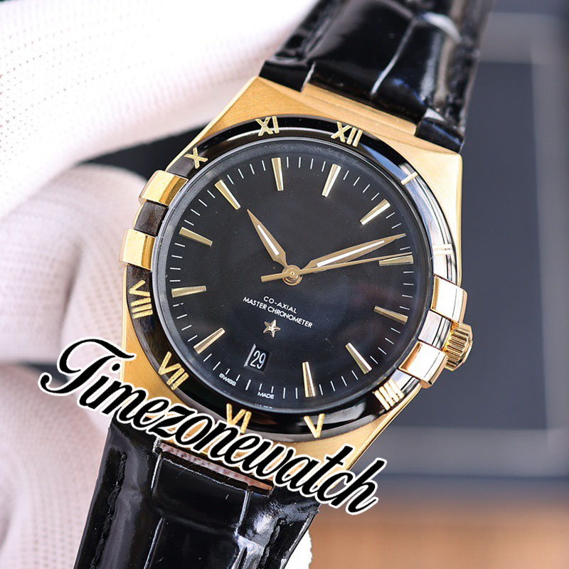 39mm Asian Automatic Mens Watch 131.63.41.21.01.001 Black Dial 18k Yellow Gold Case Black Bezel Leather Strap New Watches Twom TimeZoneWatch E445B1