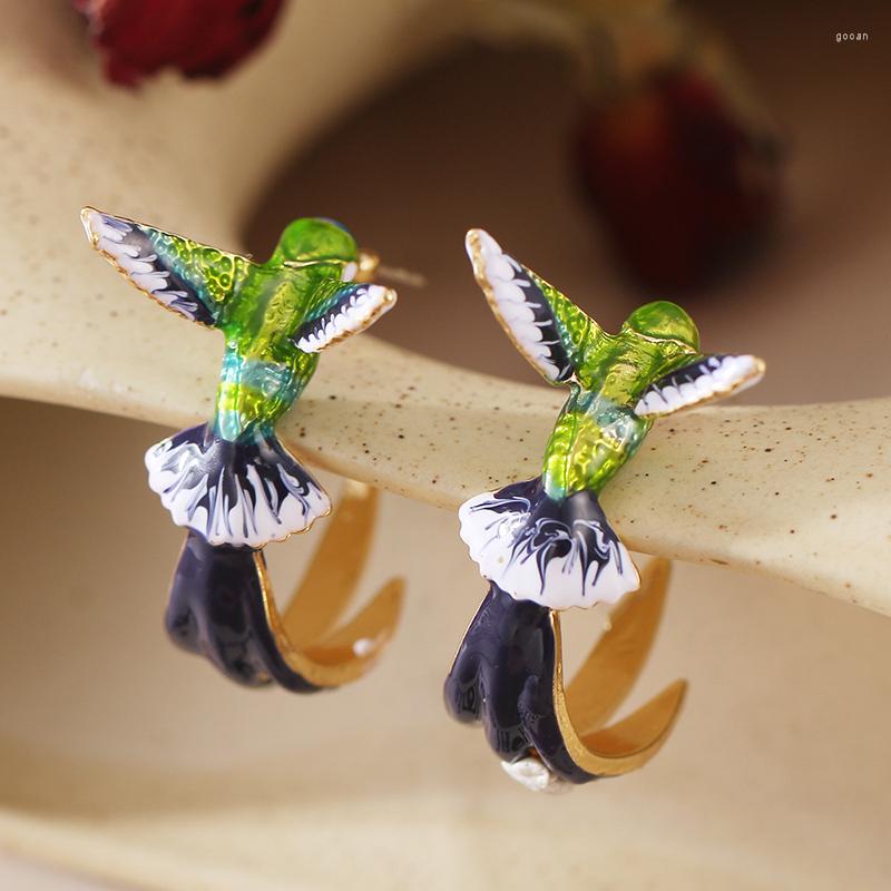Stud Earrings Style Flying Hummingbird Painting Oil Fashion Animal Jewelry Cute Female243q