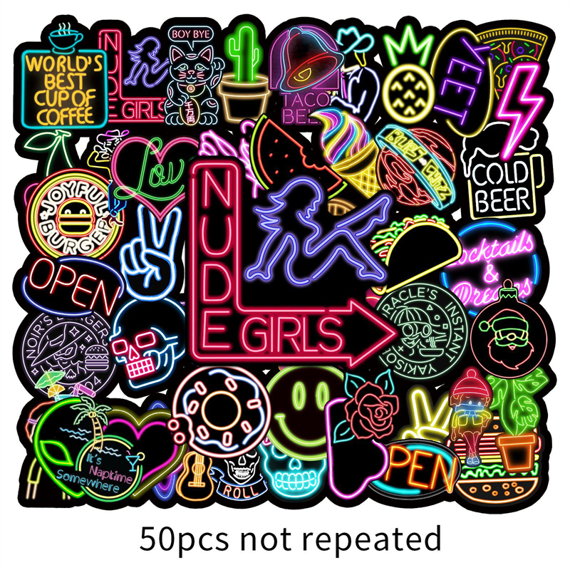 50st Neon Style Stickers Neon Light Waterproof Vinyl Decals Laptop Sticker f￶r vattenflaska Telefonens datorbagage Gitarr Badrum Graffiti NHD-359