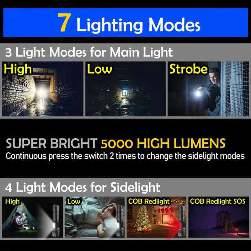 Lampes de poche Torches 6000000LM XHP360 lampes de poche LED super haute puissance torche tactique rechargeable Zoom 7 Modes pêche étanche 18650 lampe de poche L221014
