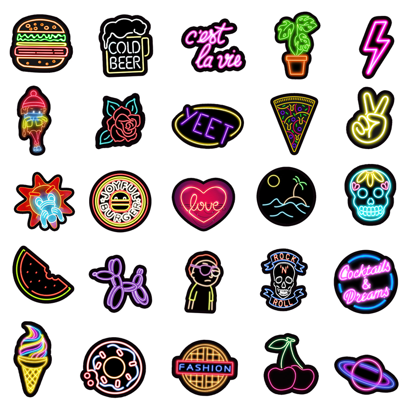 50st Neon Style Stickers Neon Light Waterproof Vinyl Decals Laptop Sticker f￶r vattenflaska Telefonens datorbagage Gitarr Badrum Graffiti NHD-359