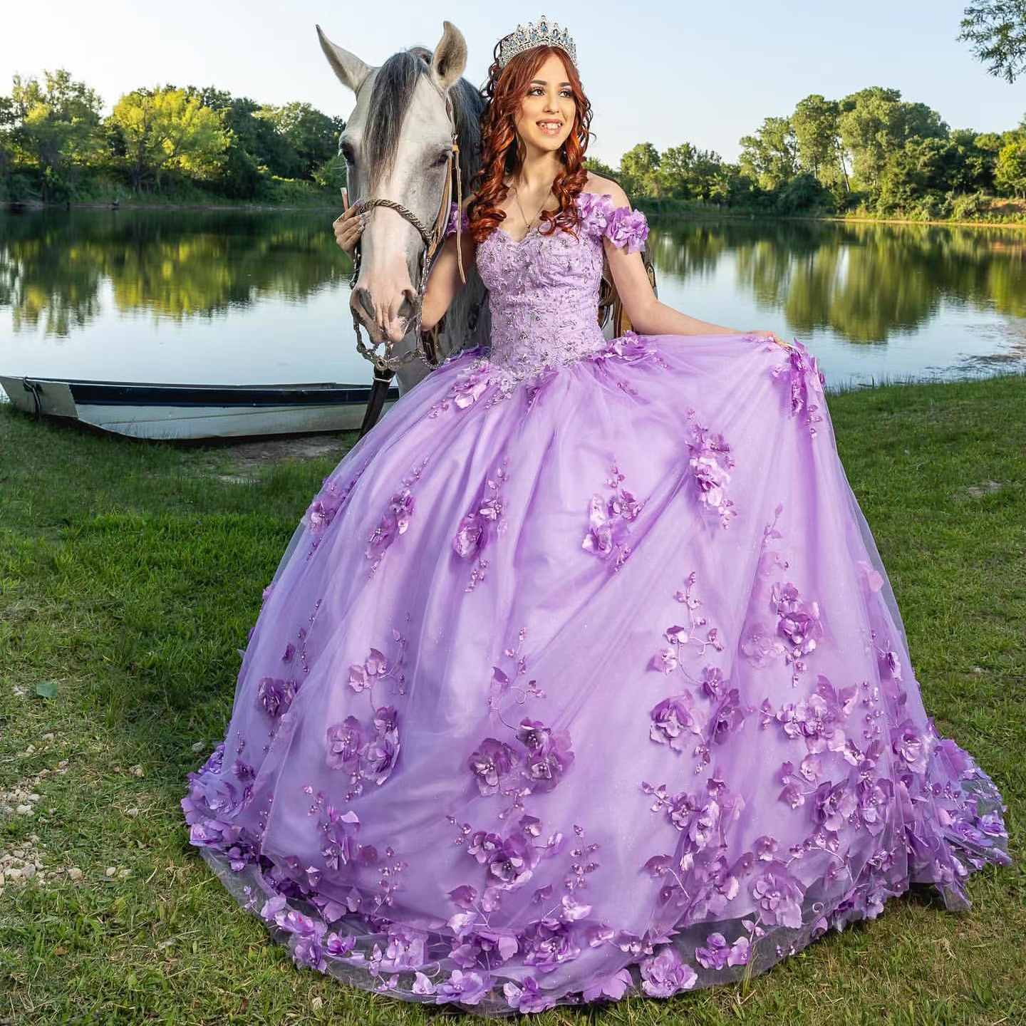 Robe De Quinceanera à fleurs violettes faites à la main, épaules dénudées, avec des Appliques De perles, robe De bal De princesse, 15 16 ans