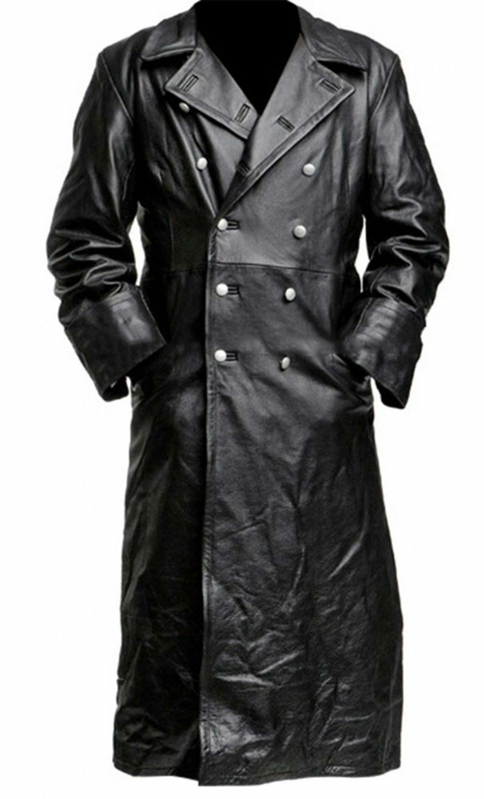 Herren-Lederimitat, deutscher klassischer Militär-Uniform-Offizier aus dem 2. Weltkrieg, Schwarz, Echtleder-Trenchcoat 221014