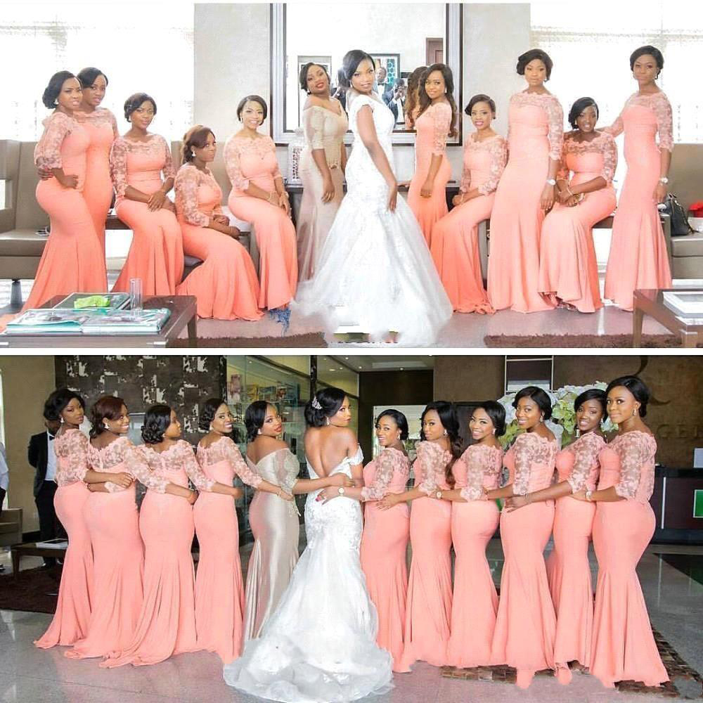 Vintage Pink South African Mermaid Bridesmaid Dresses Plus Size Sheer Half Sleeve Scoop Neck Long Maid of Honor Gowns Custom Make