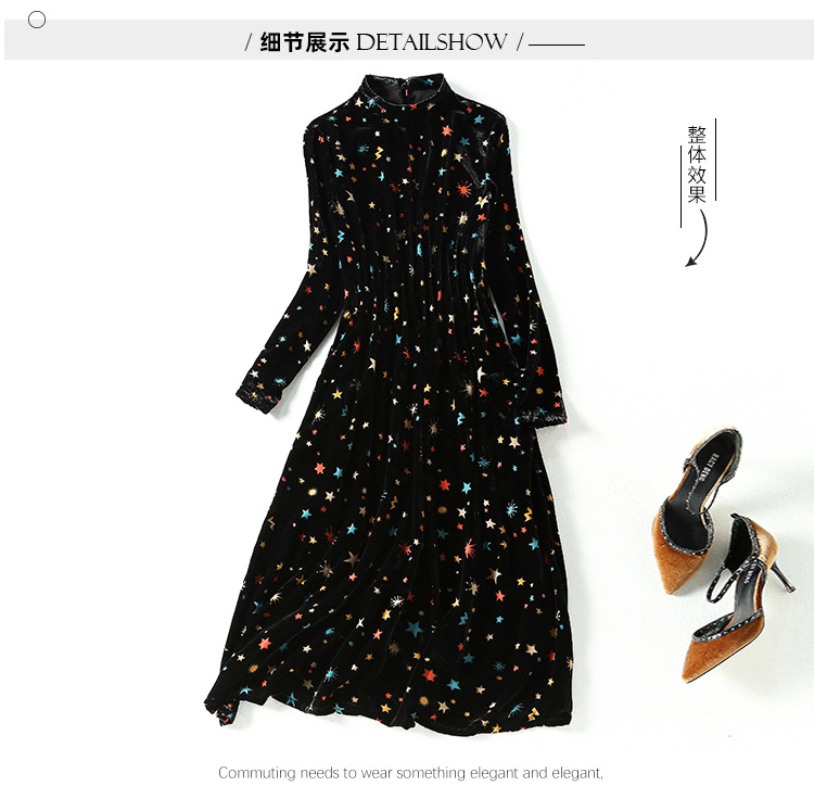 2022 الخريف حامل طوق Velor Stars فستان طباعة ألواح ملونة أسود طويل الأكمام مرنة الخصر منتصف العرف MIDI الفساتين العادية C2S123021