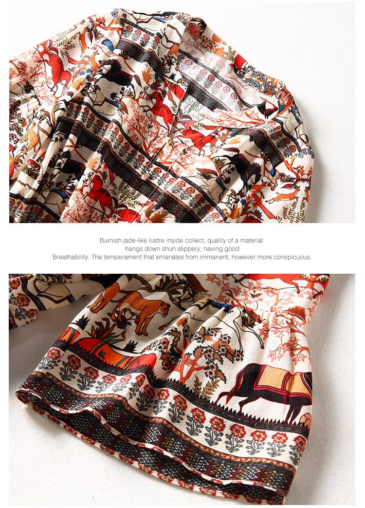 2022 Autumn v Neck Silk Horses Print Dring Brated Dress Multicolor 1/2 Half Sleeve-Slee-Lenge Dresses C2S123277