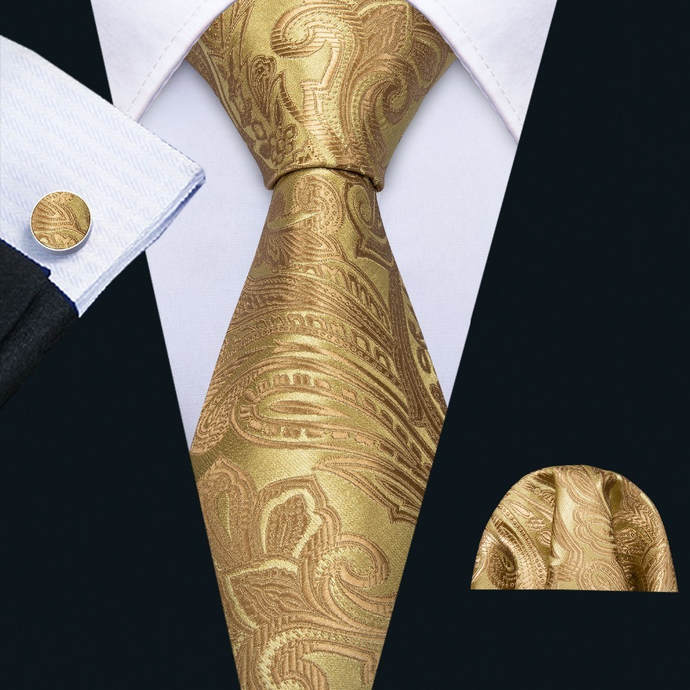 Neck Tie Set Gold Men Paisley Silk Pocket Square Gift Box Barry.