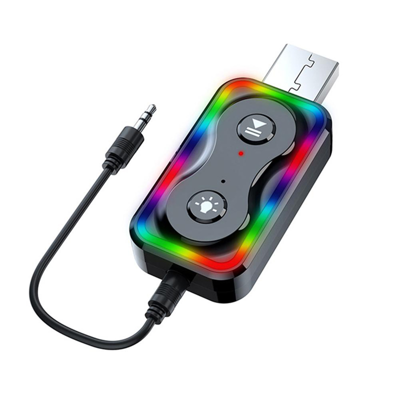 Q1 Wireless 3.5mm Aux Audio Receiver Sändare Färgglada lätt musik Audio USB Adapter Bluetooth 5.0 Handsfree Car Kit