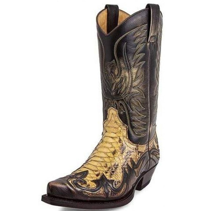 Botas de moda masculina Cowboy Western Autumn Inverno Vintage Sapatos de dedo do dedo apontados de couro falso no meio do calcanhar de 221014