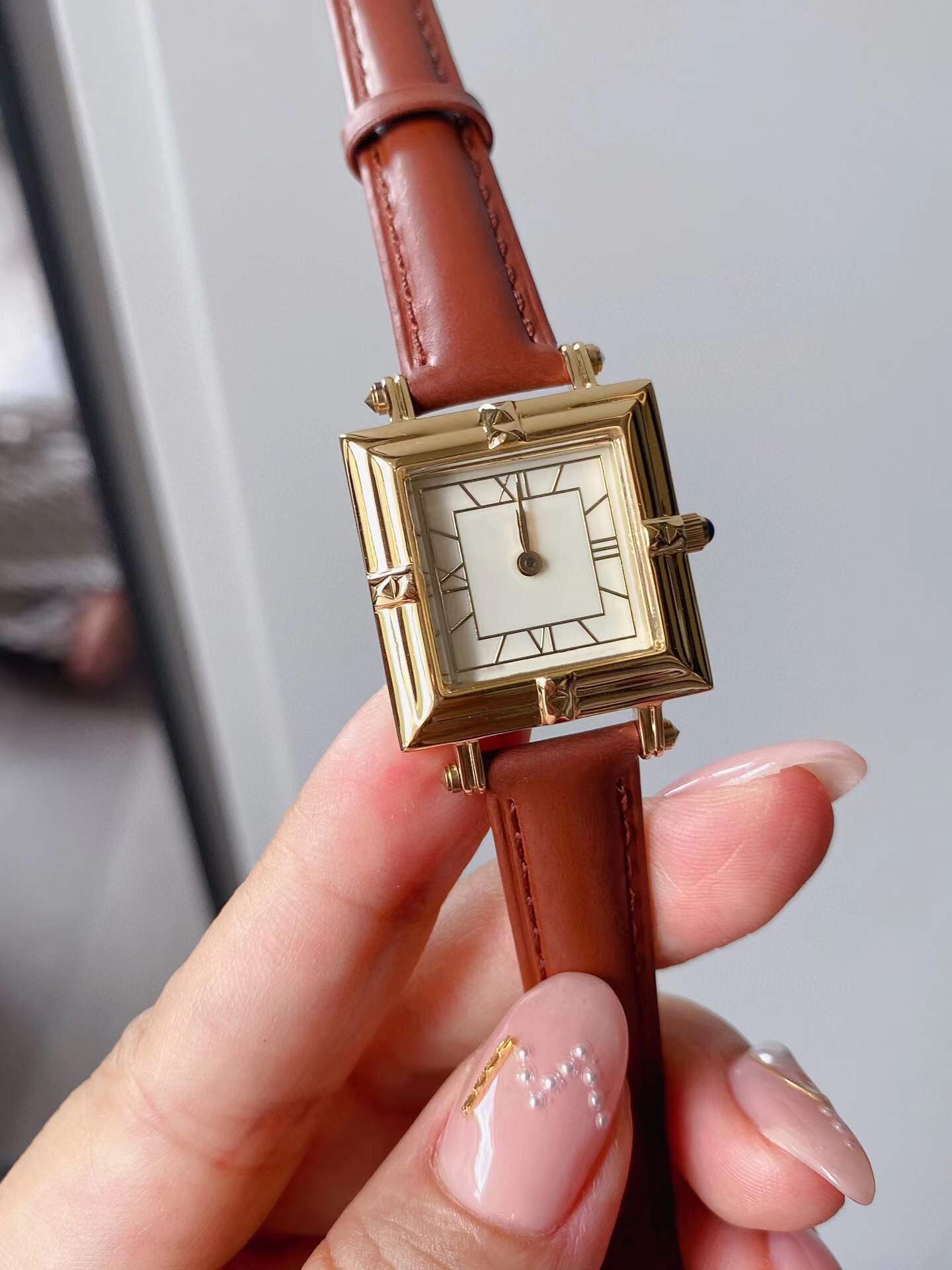 Vintage Gold Color Double Square Watches Frauen Geometrische Römische Zahl Armbanduhr Frauen Grüne Echte Leder Quarz Uhr Lady dünne Uhr