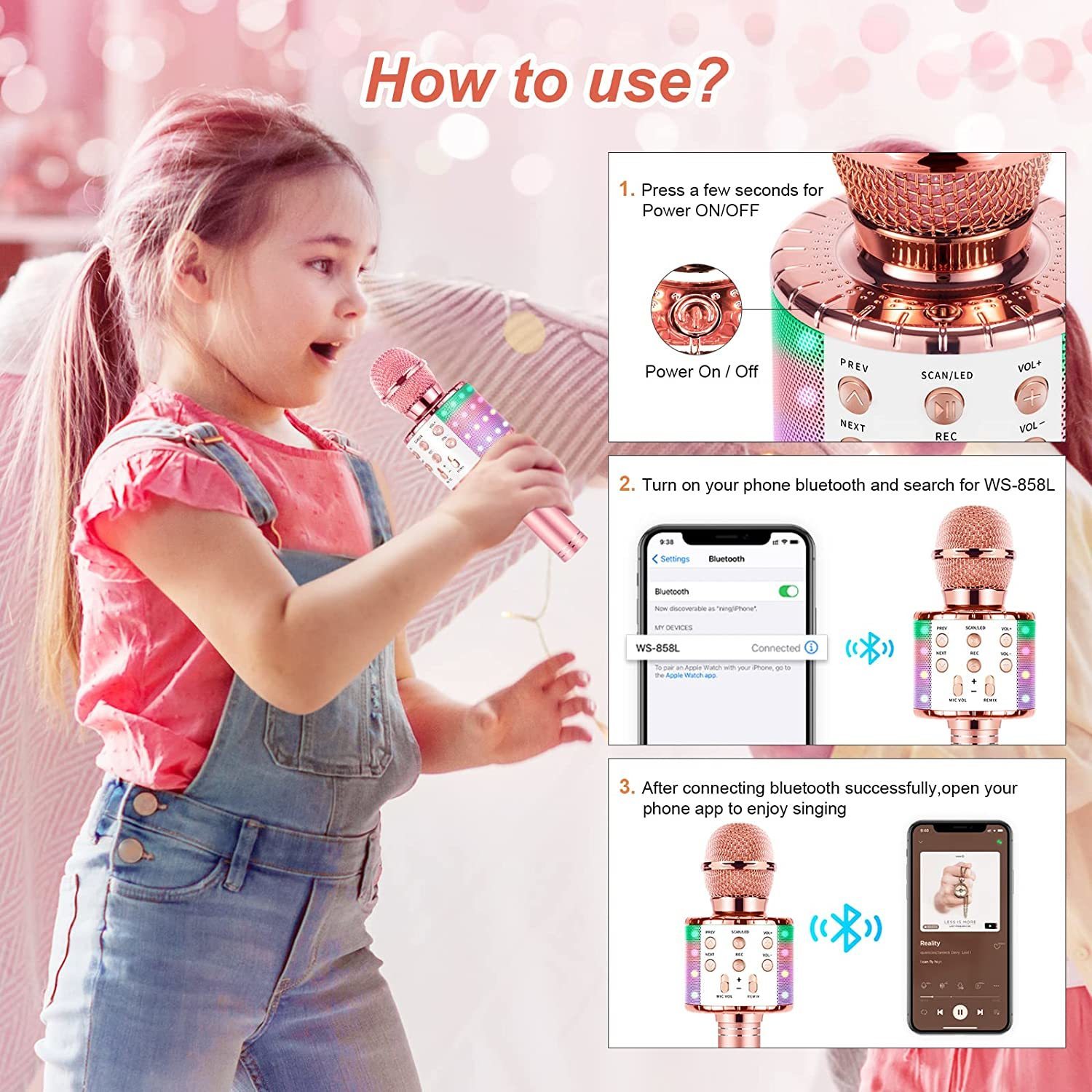 Microphones Microphone karaoké pour enfants chantant Microphone Bluetooth sans fil 5 en 1 avec lumières LED Machine de karaoké Haut-parleur micro portable 221017