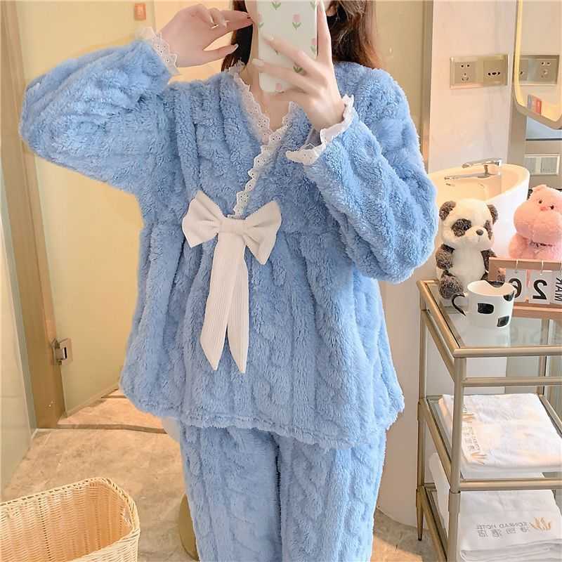 Conjunto de pijama de inverno para salão de dormir feminino quente ins moda aconchegante pijamas com decote em v dent adorável estilo preppy arco coreano doce