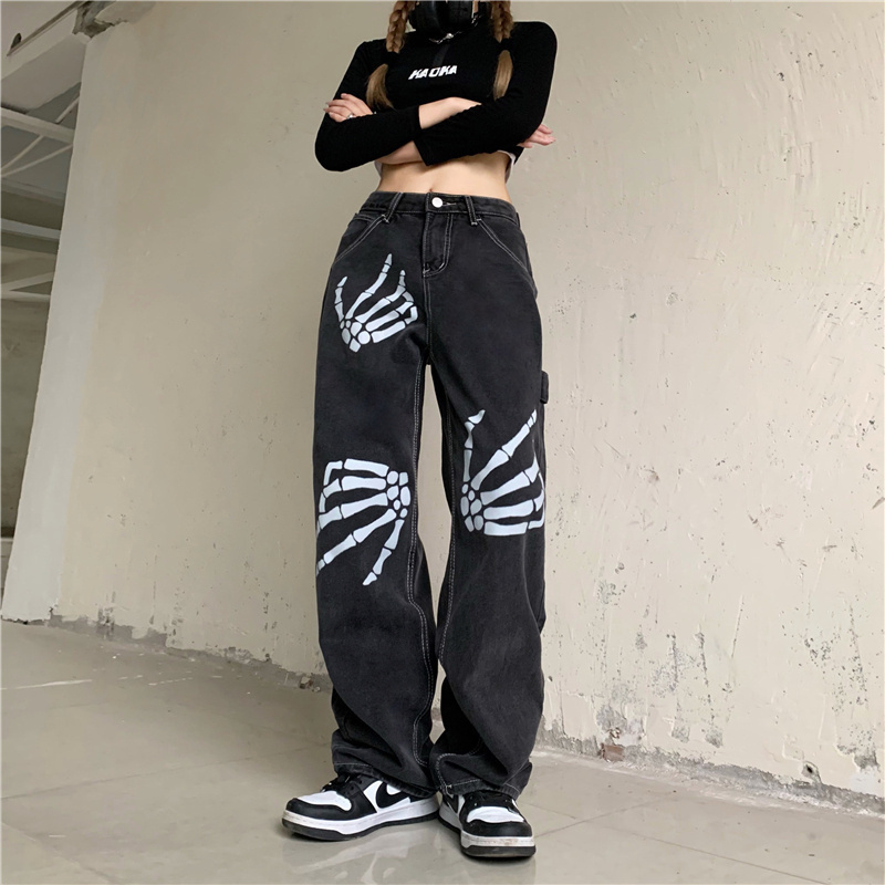 Femmes Jeans taille haute femmes Jeans Vintage Streetwear Hip Hop noir droit Baggy pantalon mode décontracté automne dames jambe large Denim pantalon 221017