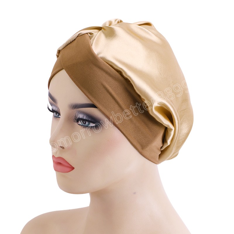 Muslim Cross Stretchy Satin Turban Women Elastic Night Sleep Cap Cancer Chemo Cap Casual Headwear Soft Hair Care Headcover