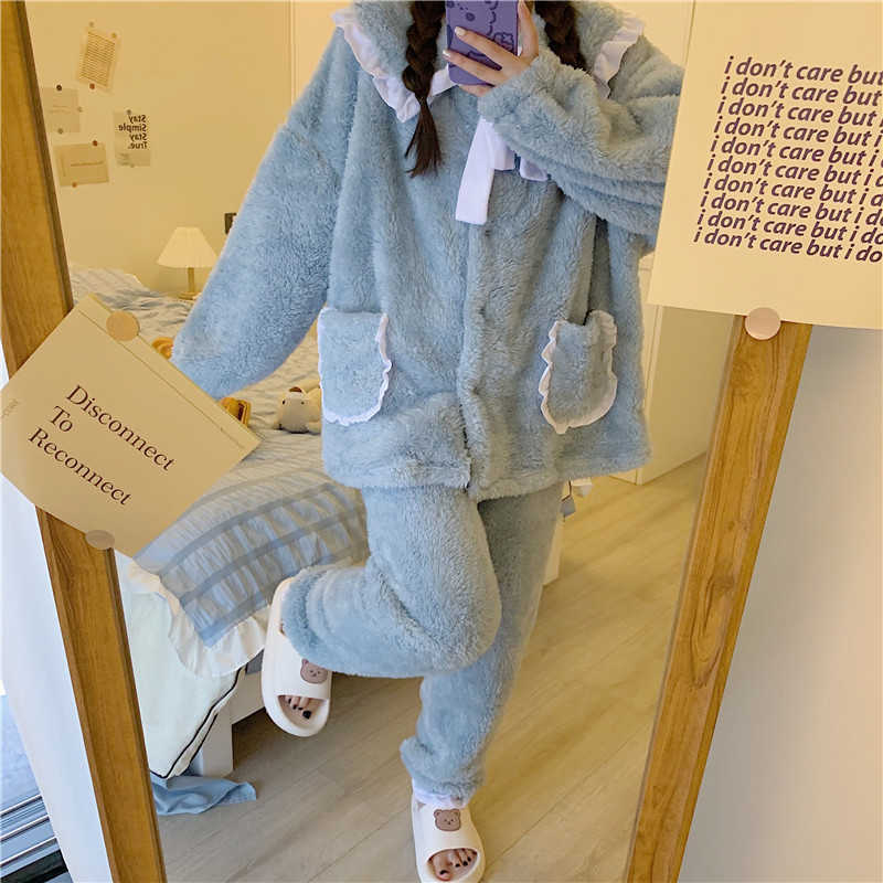 Women's Sleep Lounge Kvinnor Pyjama Set Sweet Lace Patchwork Långärmning Korall Velvet Pyjamas Dent Söt plysch varmt sömnkläder Nya pyjamas Två stycken T221017