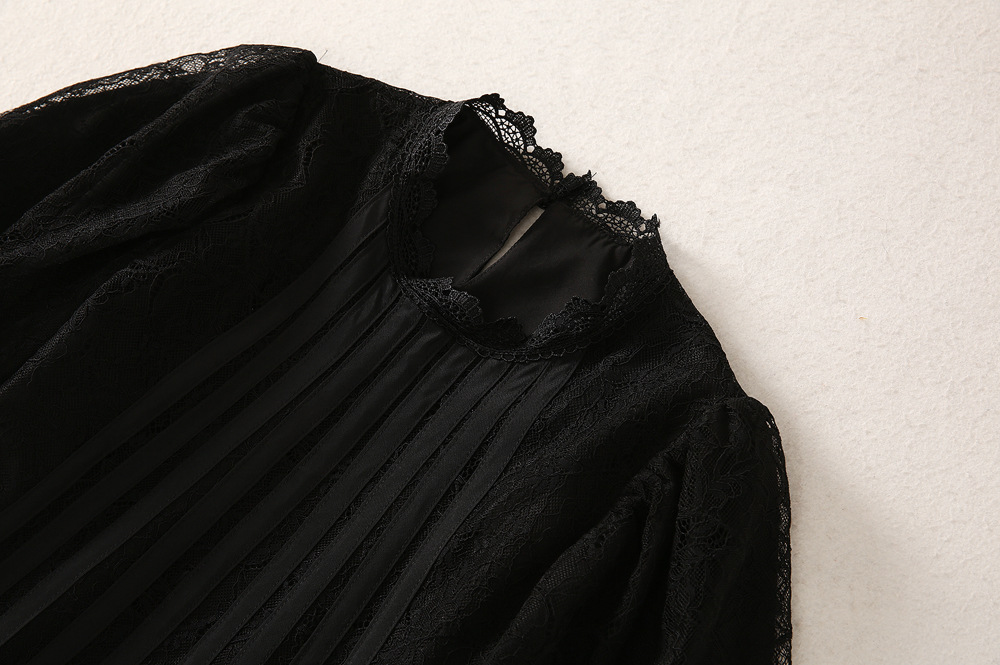 2022 Autumn Black Solid Color Two Piece Dress Set Half Sleeve Lace Round Neck Top Floral Print Mid-Calf kjoldräkter Set A2S07SK