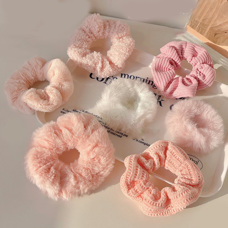 Chouchous en peluche rose doux pour femmes et filles, bandes élastiques en fausse fourrure, élastique pour queue de cheval, automne hiver