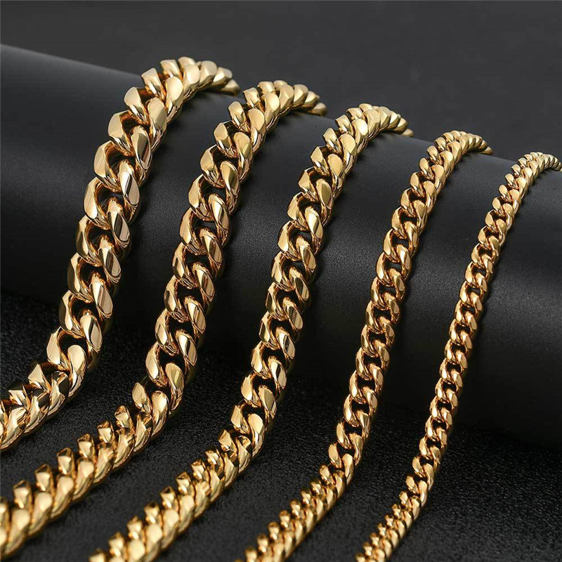 High Quality 18K Yellow Gold Plated Stainless Steel Miami Cuban Chain Necklace Bracelet Links for Men Women Punk Jewelry308Q