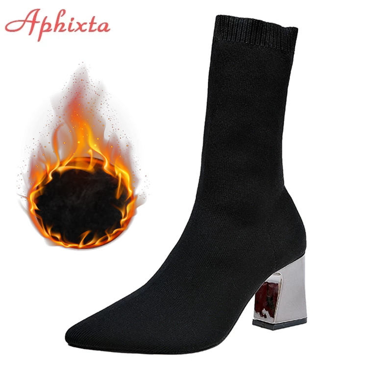 부츠 Aphixta Metal Color 7cm Square Heels Socks 여자 대형 크기 43 스트레치 직물 탄성 발가락 신발 발목 신발 발목 부츠 여자 221014