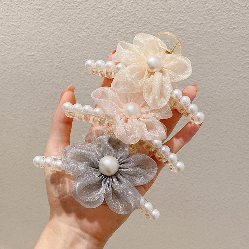 Korean Organza Pearl Flower Clamps 기질 여성 등 머리 클립 바렛 액세서리 소녀 헤어 클로 캐치