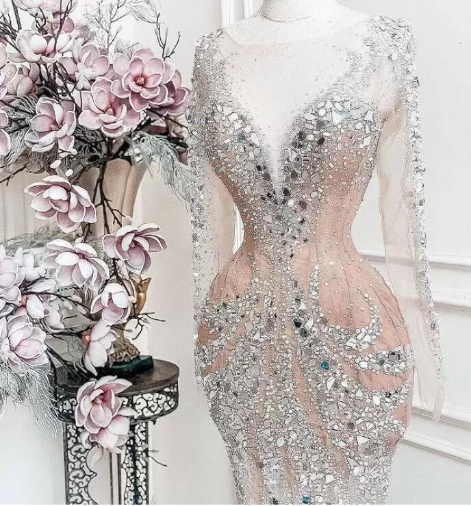 Arabic Aso Ebi Beaded Crystals Formal Evening Dresses Sheer Neck nude lining Illusion long sleeve Plus Size Prom Occasion Gowns