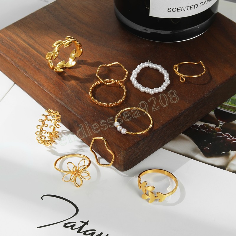 Set di anelli con fiore a forma di onda boema donna Anelli con nocche a catena in metallo con perle geometriche vintage donna Regalo di gioielli alla moda