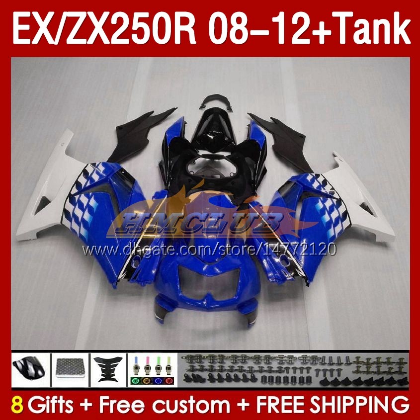 Koningen tank OEM voor Kawasaki Ninja ZX250R EX250R 08 09 10 11 12 ZX250 EX250 R 163NO.71 ZX-250R 2008 2009 2010 2011 2012 EX ZX 250R 08-12 Injectie Fairing Blue Factory