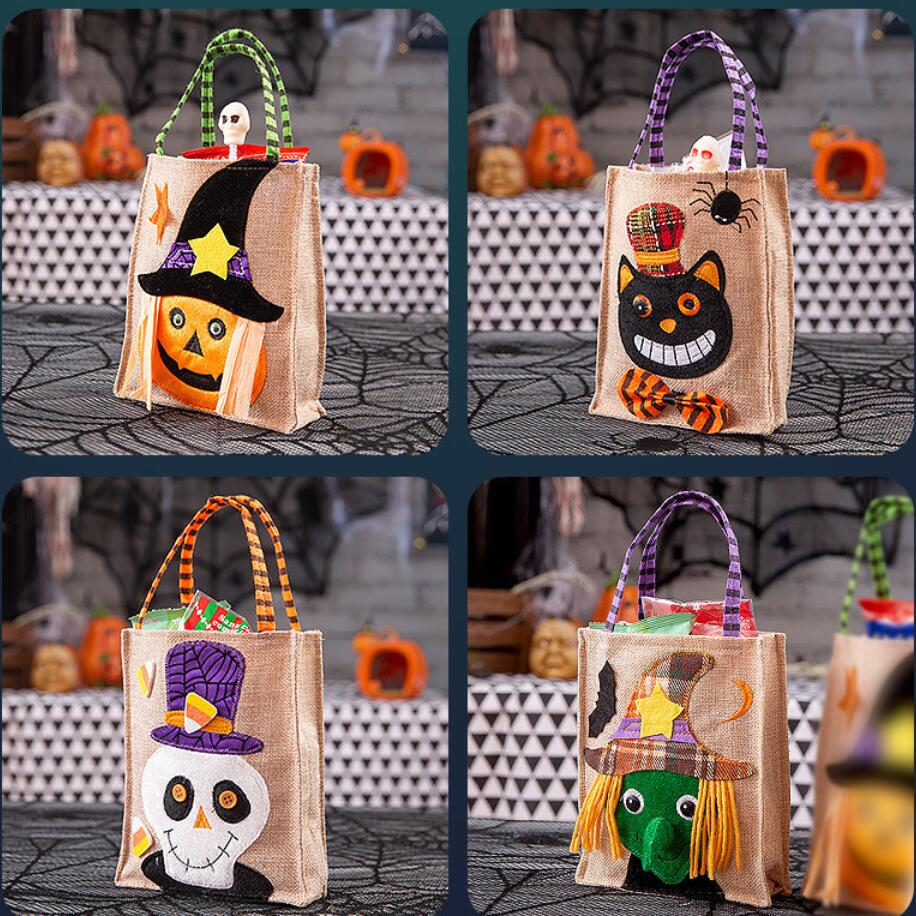 Cartone animato Halloween Tote Bag Forniture feste Sacchetto di caramelle in lino Zucca Ornamento portatile Puntelli Regalo Borse decorazioni feste bambini