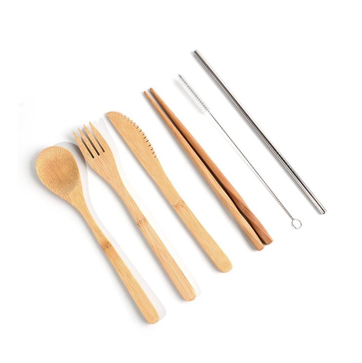 Juego de vajilla de madera Cucharadita de bambú Tenedor Cuchillo de sopa Catering Juegos de cubiertos con bolsa de tela Utensilios de cocina Utensilios SN4977