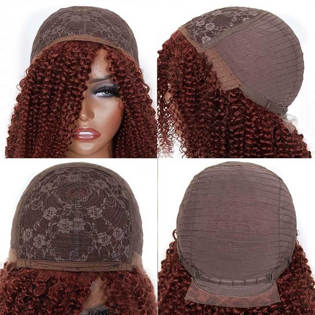 Glueless Afro Kinky Curly Perruque de cheveux humains pour les femmes Cheveux brésiliens Cuivre Rouge Volume complet Kinki Culr Aucun Lace Front Perruques couleur brun auburn 33 150% Denisty 14 pouces Diva1