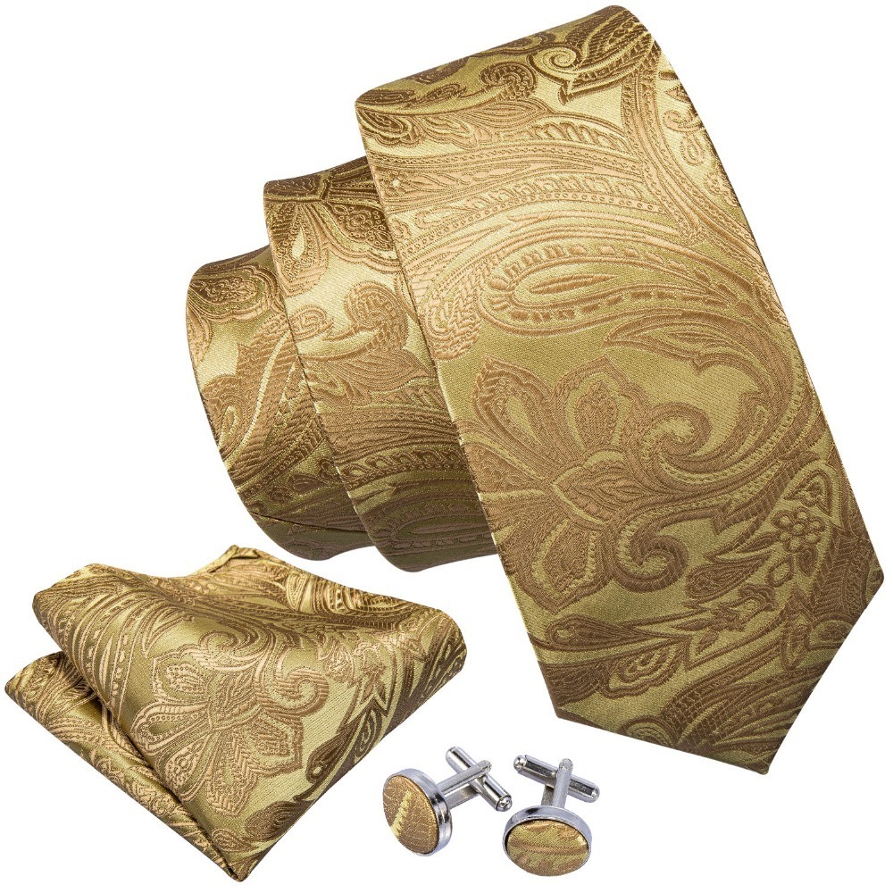 Neck Tie Set Gold Men Paisley Silk Pocket Square Gift Box Barry.