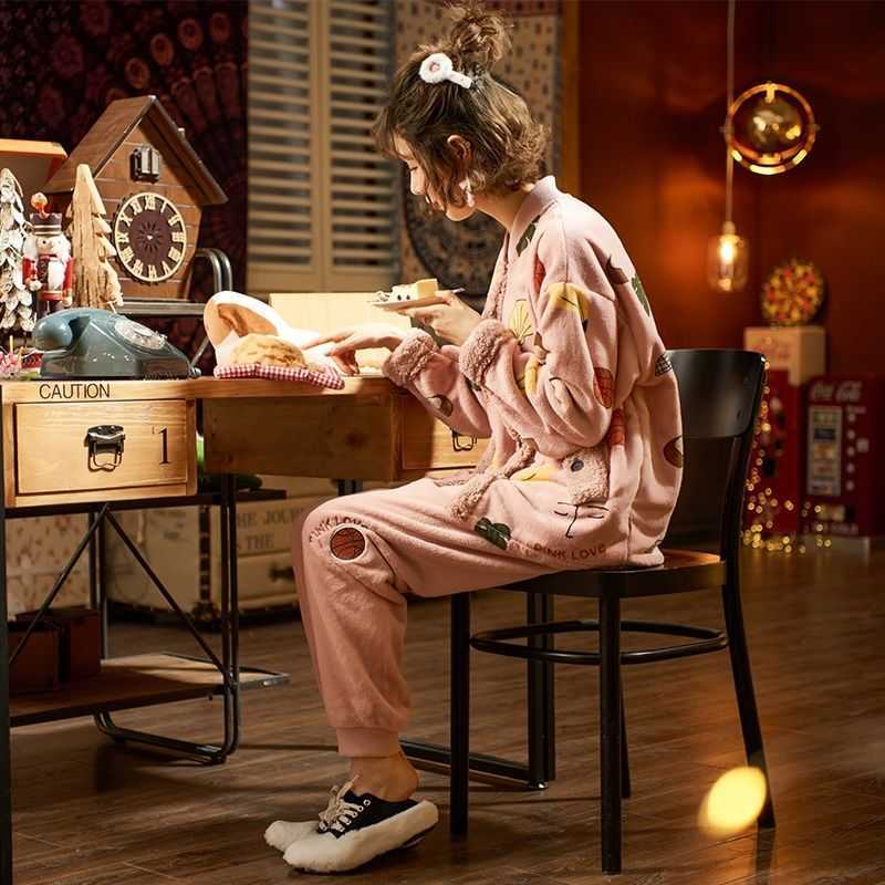 Women's Sleep Lounge Thicker Pajama Sets Women Hooded Tops Printed Loose Cozy Ankle Length Pants Lovely dents Flannel Nightwear Females Kawaii New T221017