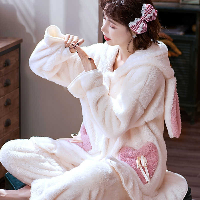 Women's Sleep Lounge Flannel Long Sleeve Pajama Sets Women Hooded Rabbits Winter Simple Sweet Casual Thicker Plus Velvet Windproof Thermal dents T221017