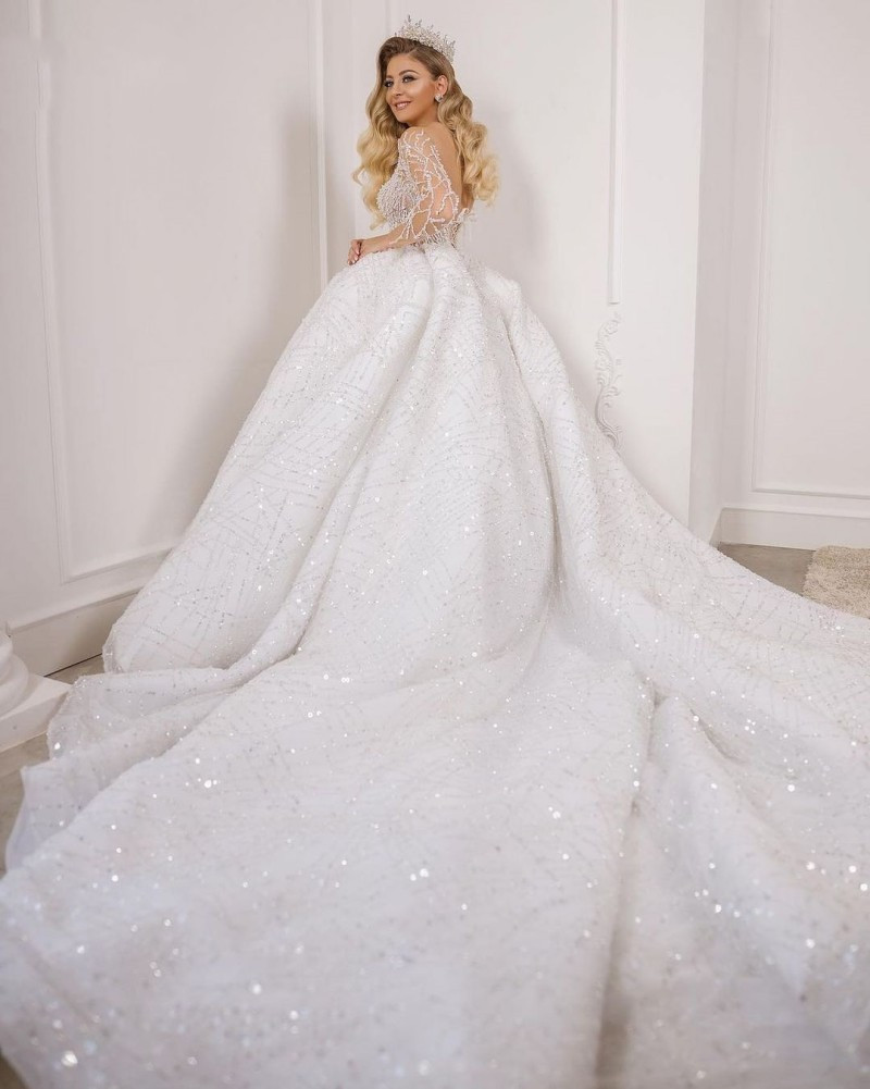 Princesse Dubaï a-ligne robes de mariée 2023 Gillter paillettes manches longues France cathédrale train robes de mariée à lacets robes de mariage