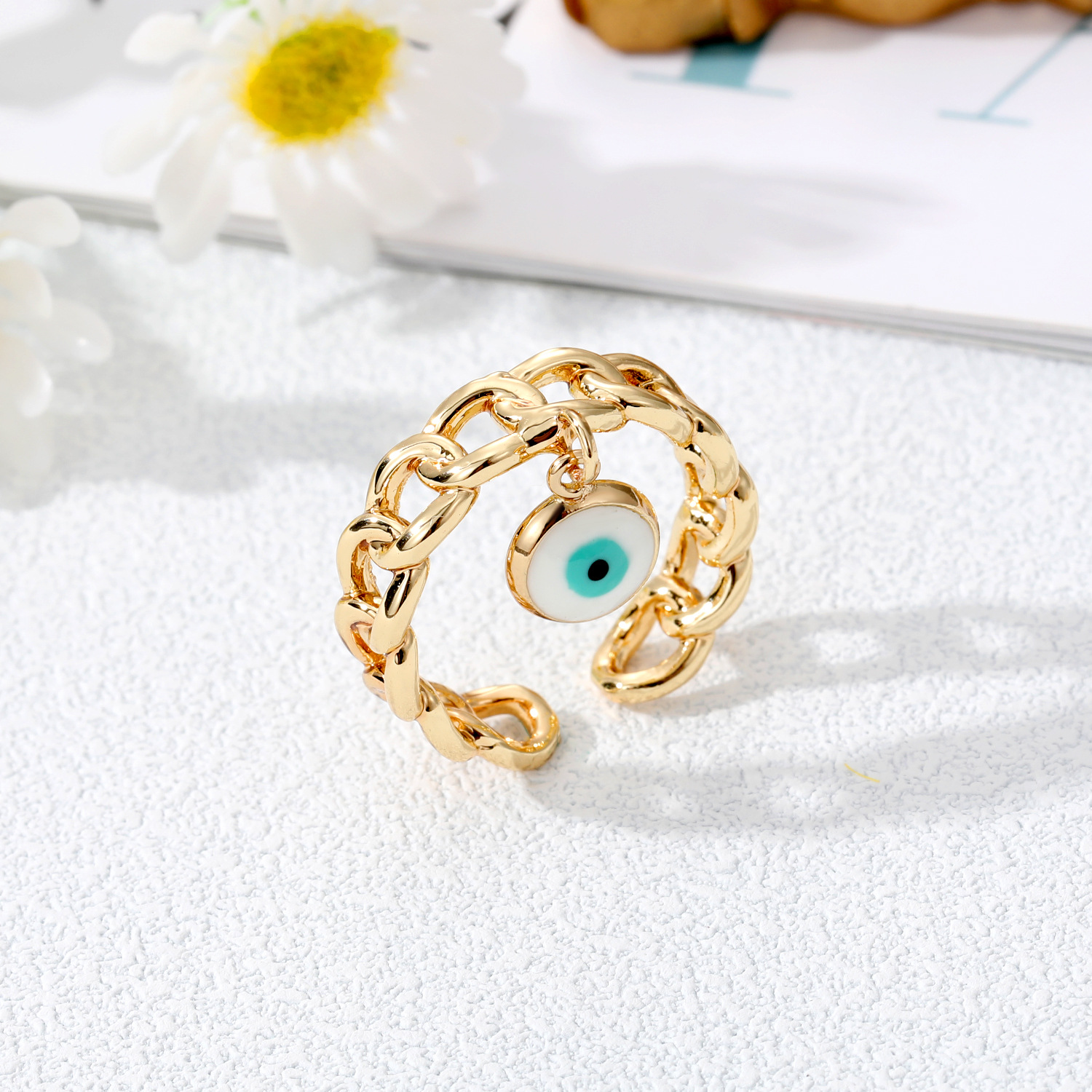 Moda tureckie złe oko regulowane otwarte pierścienie vintage złoty kolor szeroki łańcuch Pierścienie palców dla kobiet