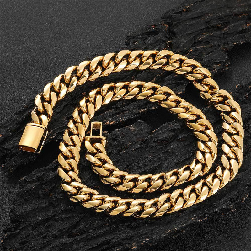 High Quality 18K Yellow Gold Plated Stainless Steel Miami Cuban Chain Necklace Bracelet Links for Men Women Punk Jewelry308Q