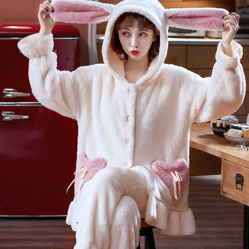 Women's Sleep Lounge Flannel Long Sleeve Pajama Sets Women Hooded Rabbits Winter Simple Sweet Casual Thicker Plus Velvet Windproof Thermal dents T221017