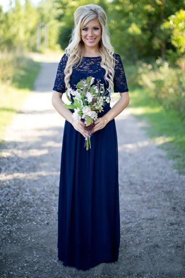 Country Style Bridesmaid Dresses Long For Weddings Navy Blue Chiffon Short Sleeves Illusion Lace Sequin Purple Maid Of Honor Gowns